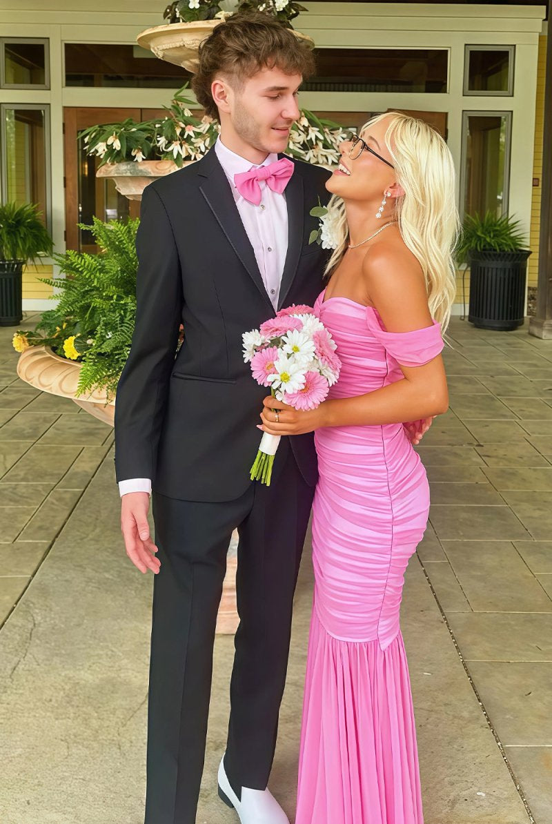 Sadia | Off Shoulder Pink Ruched Long Prom Dress with Ruffle Hem - KissProm