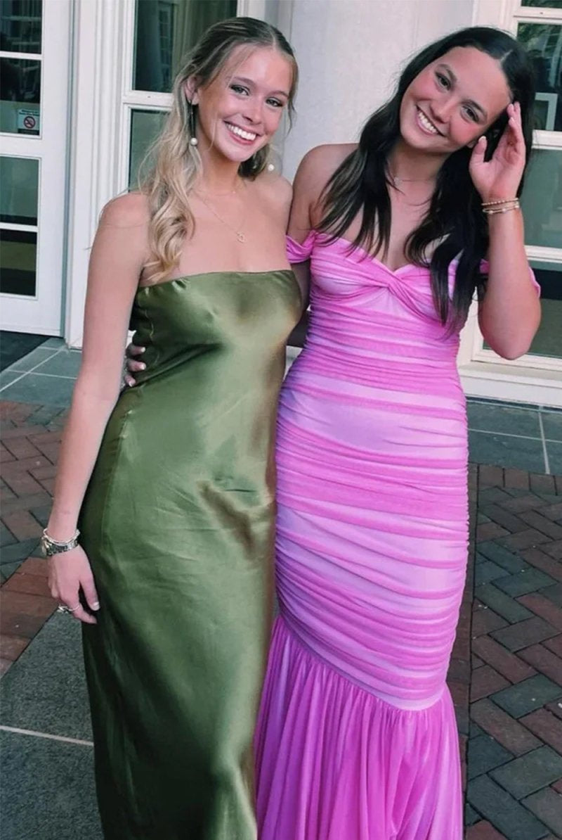 Sadia | Off Shoulder Pink Ruched Long Prom Dress with Ruffle Hem - KissProm