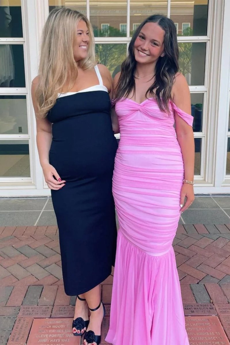 Sadia | Off Shoulder Pink Ruched Long Prom Dress with Ruffle Hem - KissProm