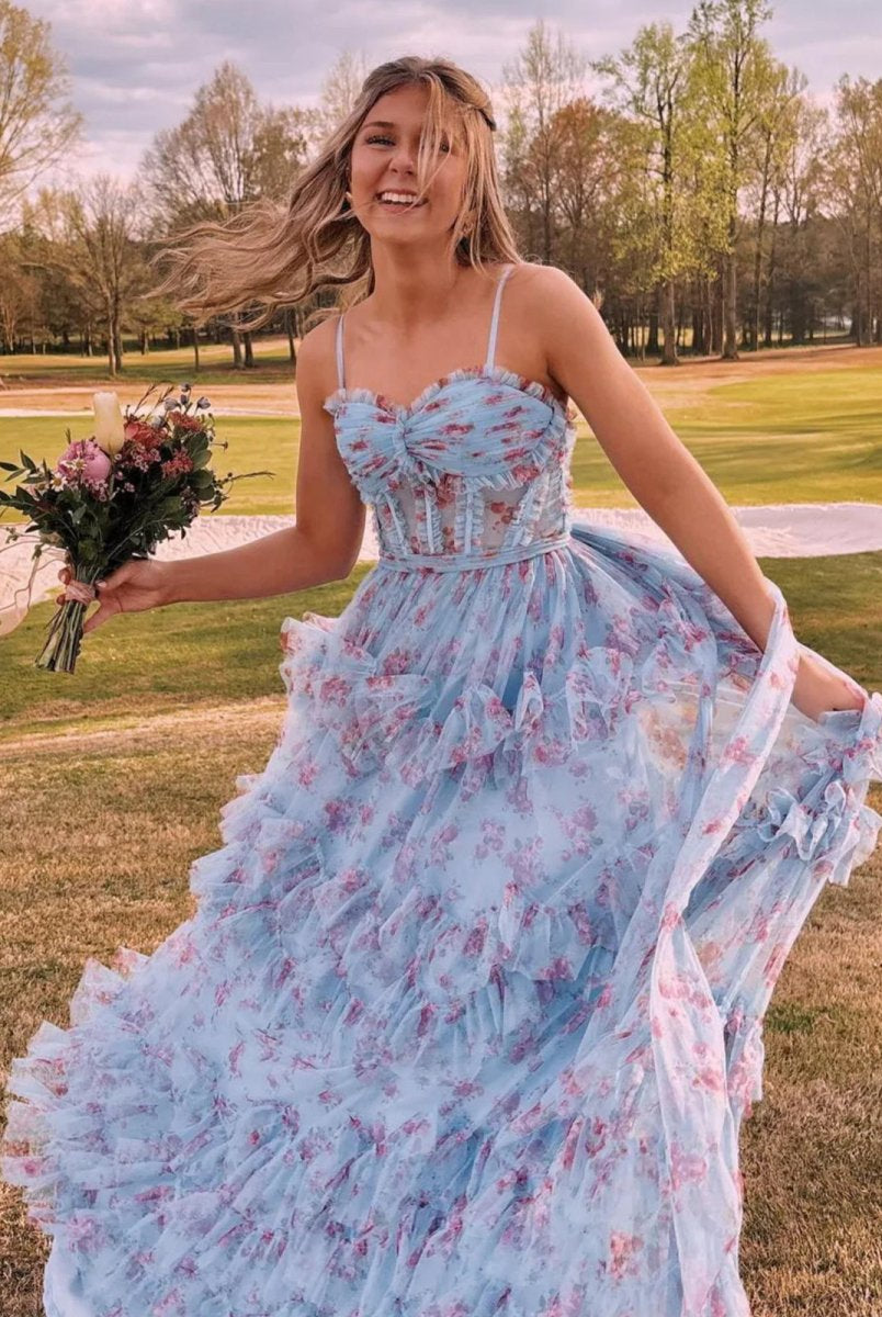 Leslie | A-Line Blue Floral Corset Tulle Ruffles Long Prom Dresses