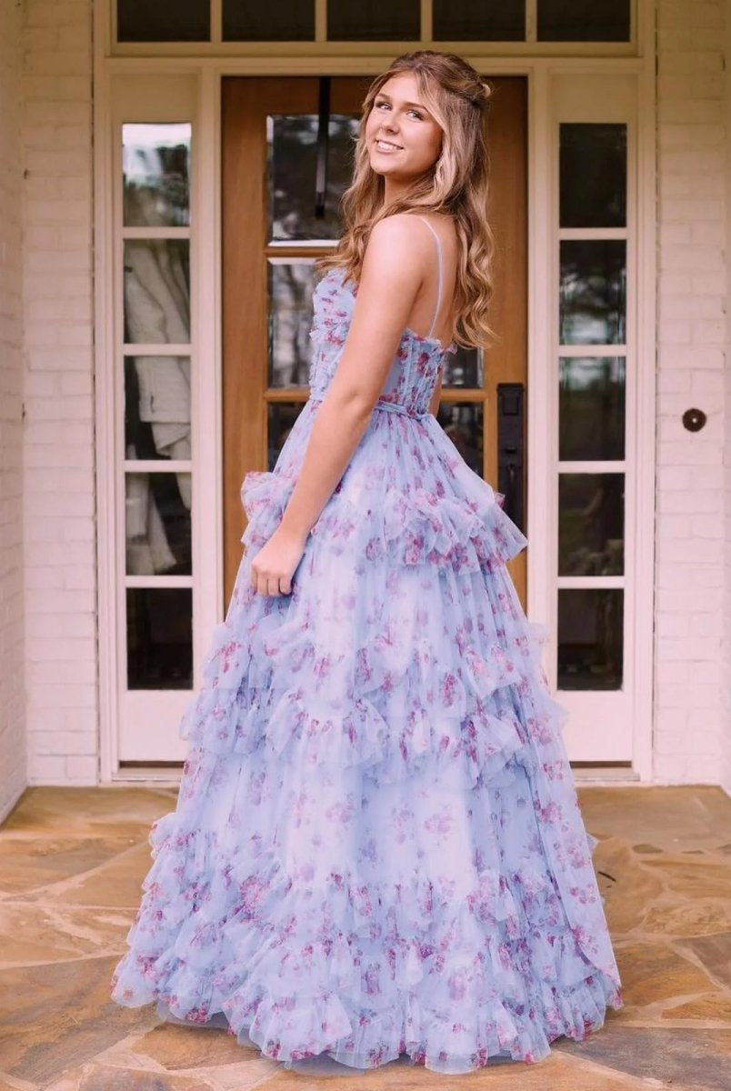 Leslie | A-Line Blue Floral Corset Tulle Ruffles Long Prom Dresses