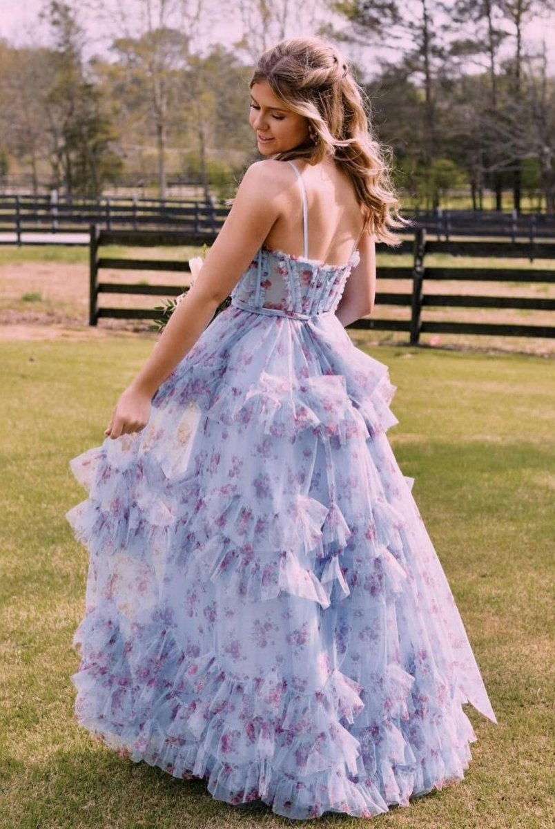 Leslie | A-Line Blue Floral Corset Tulle Ruffles Long Prom Dresses