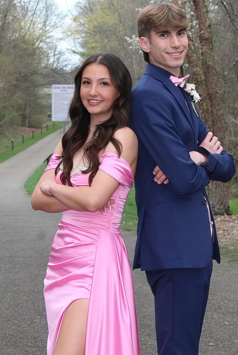 Leviah | Pink - Mermaid Off The Shoulder Satin Beaded Long Prom Dresses With Slit - KissProm