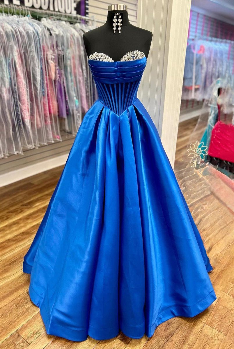 Liabelle | A - Line Beaded Sweetheart Royal Blue Satin Prom Dress - KissProm