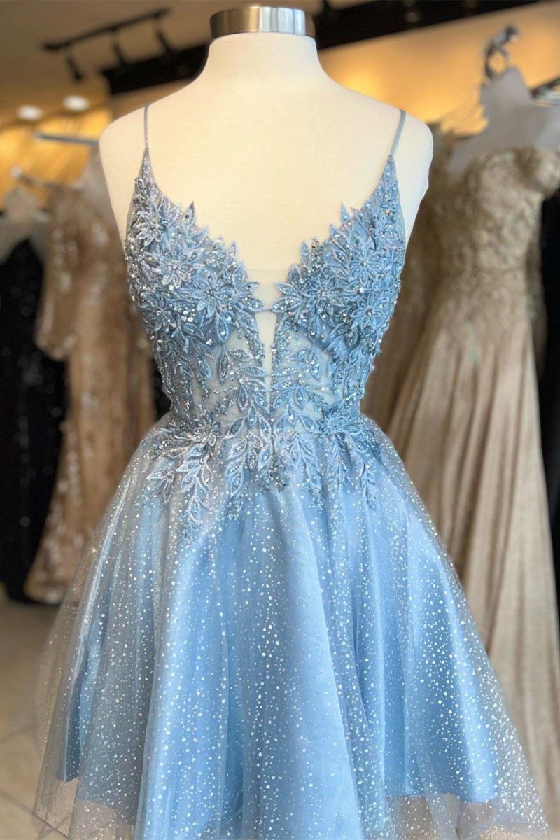 Light Blue Floral Lace Plunge Neck A-Line Short Party Dress Sky Blue / 12 Light Blue Floral Lace Plunge Neck A-Line Short Party Dress Sky Blue / 12