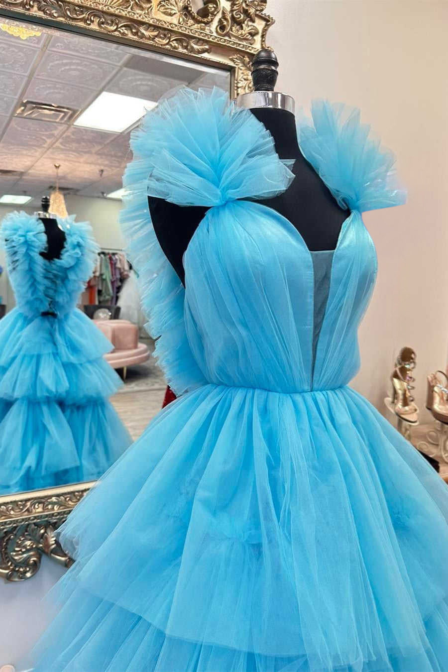 Bernice | Light Blue Ruffle Straps A - Line Tiered Prom Dress - KissProm