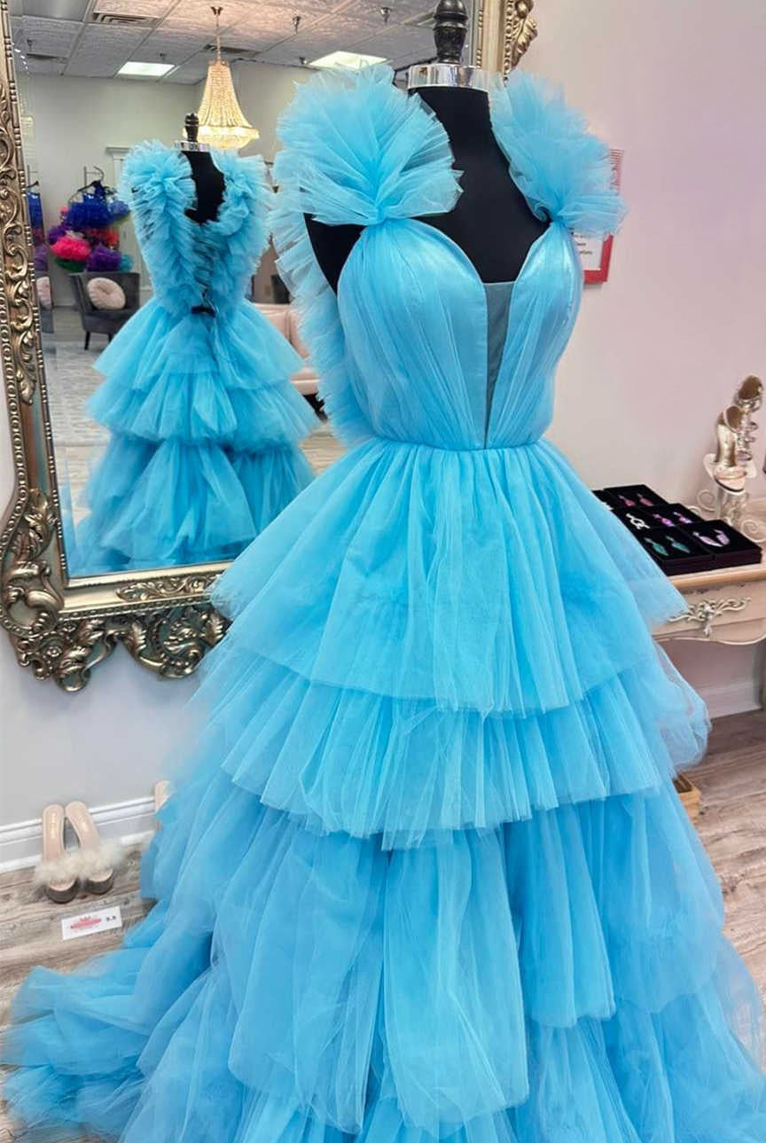 Bernice | Light Blue Ruffle Straps A - Line Tiered Prom Dress - KissProm