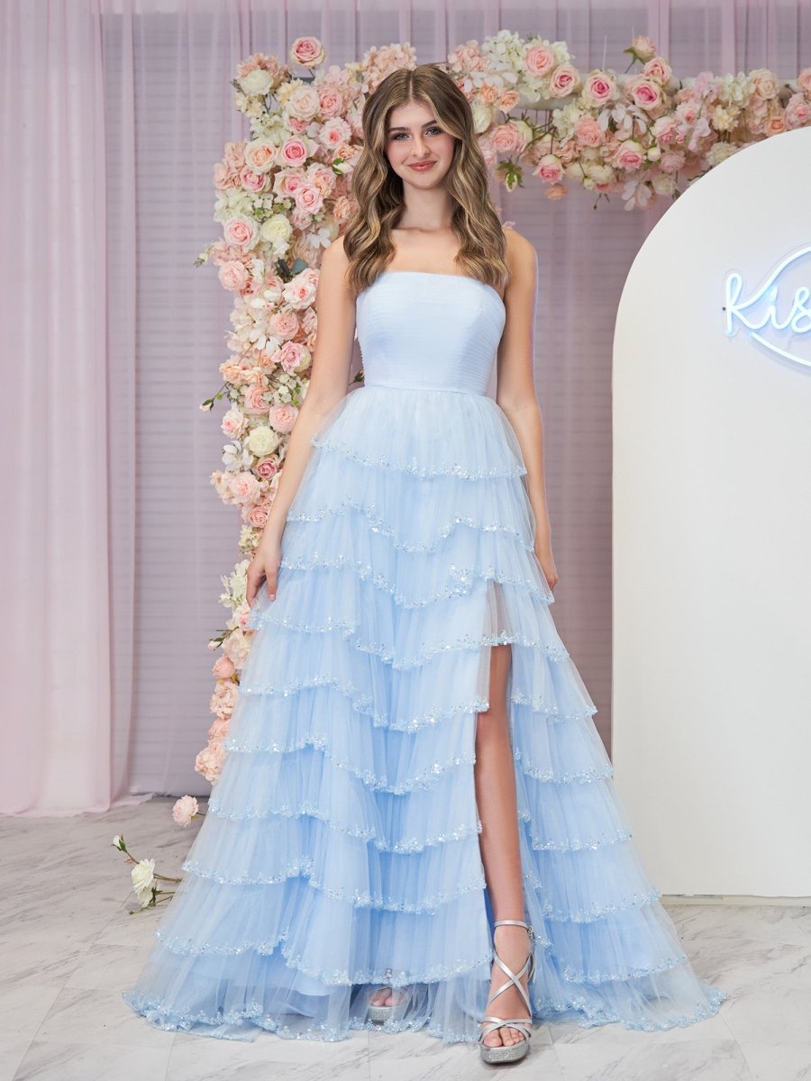 Sky Blue Strapless Layered Tulle Prom Dress with Sequins Red / 10 Sky Blue Strapless Layered Tulle Prom Dress with Sequins Red / 10