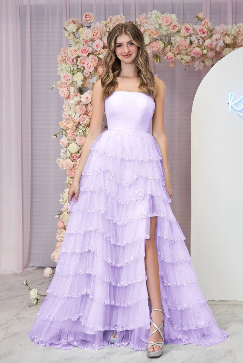 Braelyn | Light Blue Strapless Layered Tulle Prom Dress with Sequins