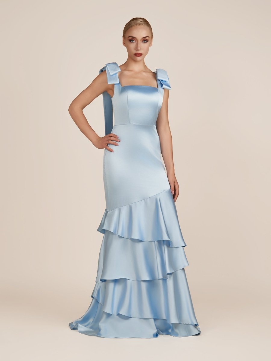 Light Blue Straps with Bows Mermaid Satin Tiered Long Bridesmaid Dress - KissProm
