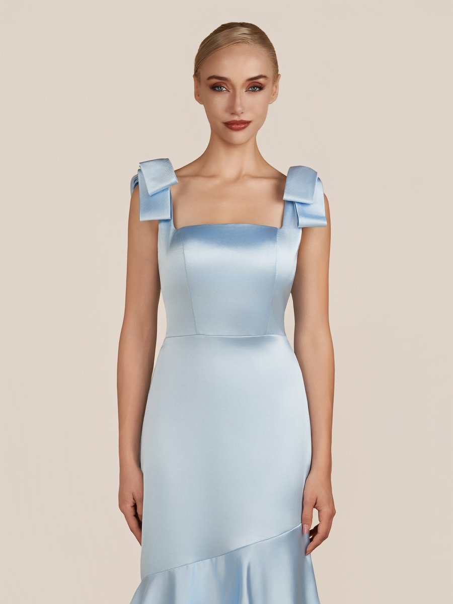 Light Blue Straps with Bows Mermaid Satin Tiered Long Bridesmaid Dress - KissProm