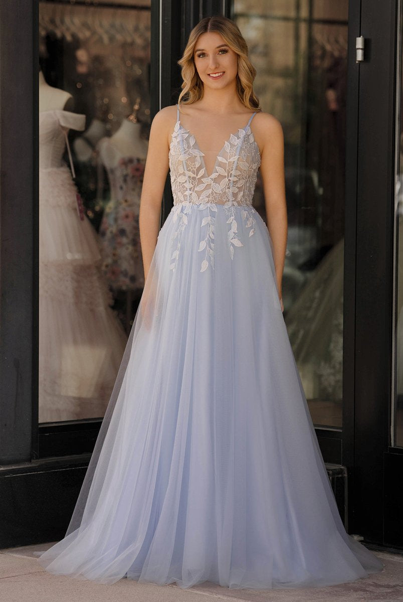 Cynthia | Light Blue V Neck Lace-Up Appliques Tulle Long Prom Dress