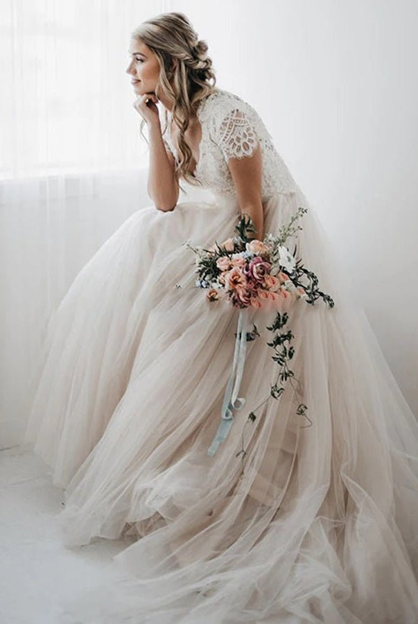 Light Champagne Tulle Lace A - Line Short Sleeves Bohemian Women Wedding Dresses - KissProm