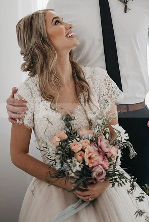 Light Champagne Tulle Lace A - Line Short Sleeves Bohemian Women Wedding Dresses - KissProm