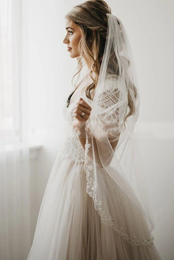 Light Champagne Tulle Lace A - Line Short Sleeves Bohemian Women Wedding Dresses - KissProm