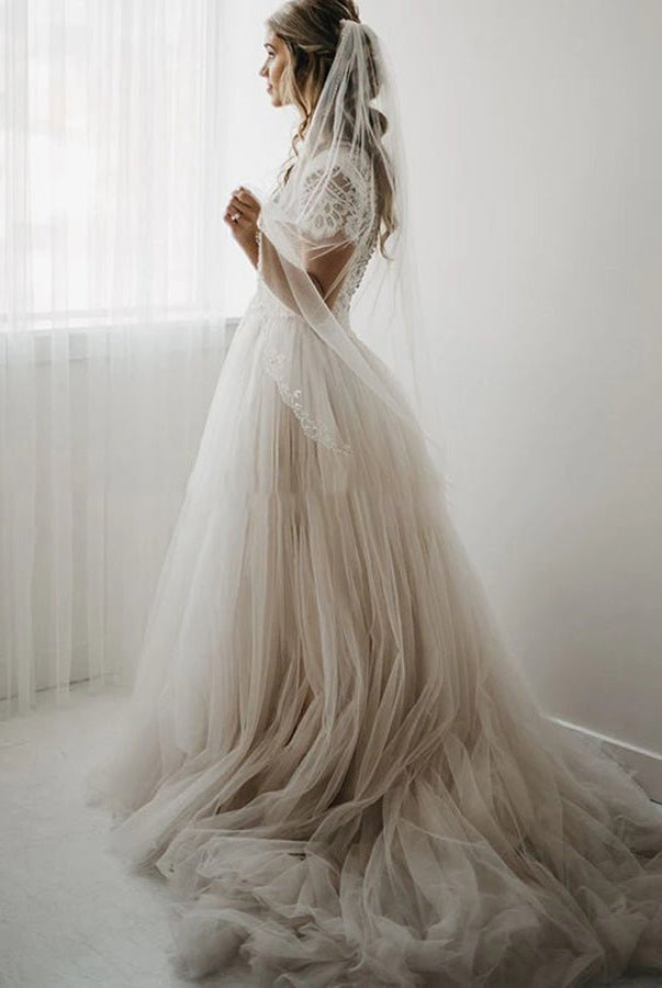 Light Champagne Tulle Lace A - Line Short Sleeves Bohemian Women Wedding Dresses - KissProm