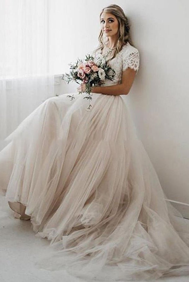 Light Champagne Tulle Lace A - Line Short Sleeves Bohemian Women Wedding Dresses - KissProm