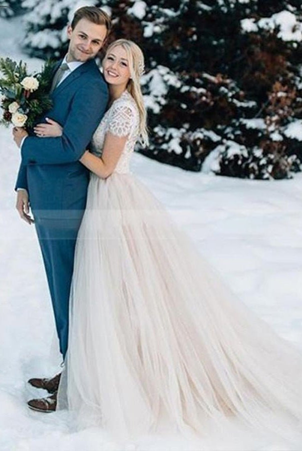 Light Champagne Tulle Lace A - Line Short Sleeves Bohemian Women Wedding Dresses - KissProm