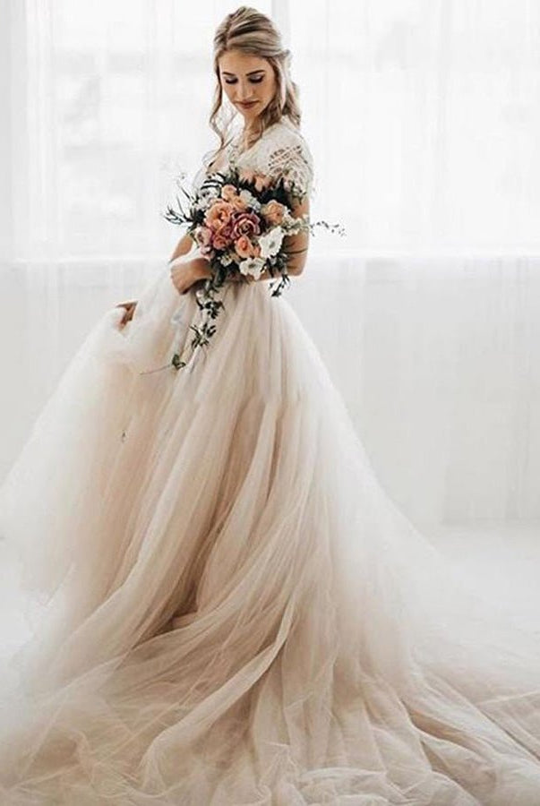 Light Champagne Tulle Lace A - Line Short Sleeves Bohemian Women Wedding Dresses - KissProm