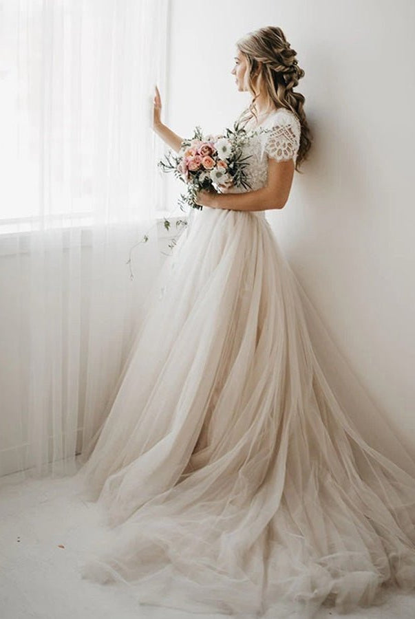 Light Champagne Tulle Lace A - Line Short Sleeves Bohemian Women Wedding Dresses - KissProm