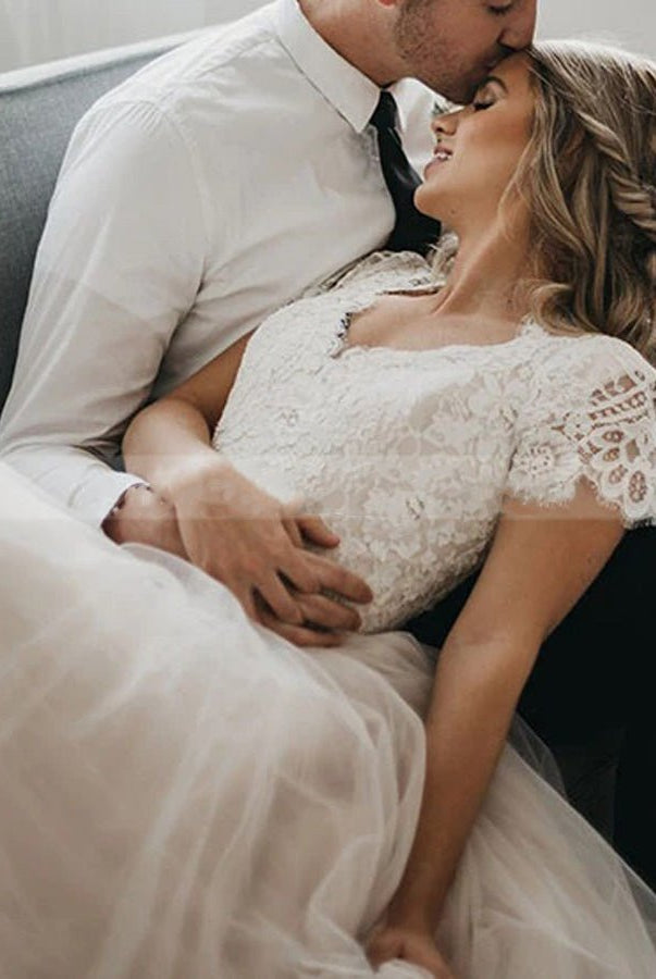 Light Champagne Tulle Lace A - Line Short Sleeves Bohemian Women Wedding Dresses - KissProm