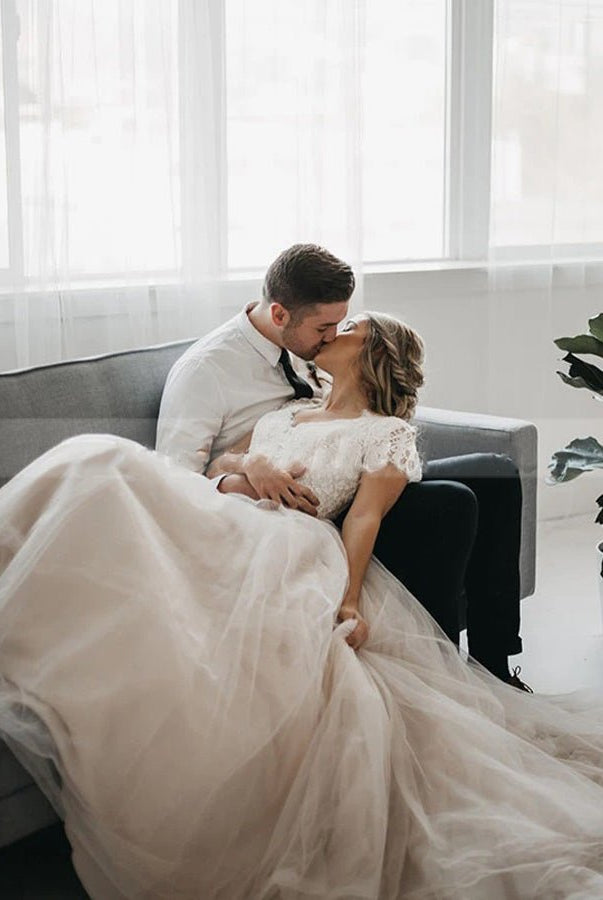 Light Champagne Tulle Lace A - Line Short Sleeves Bohemian Women Wedding Dresses - KissProm