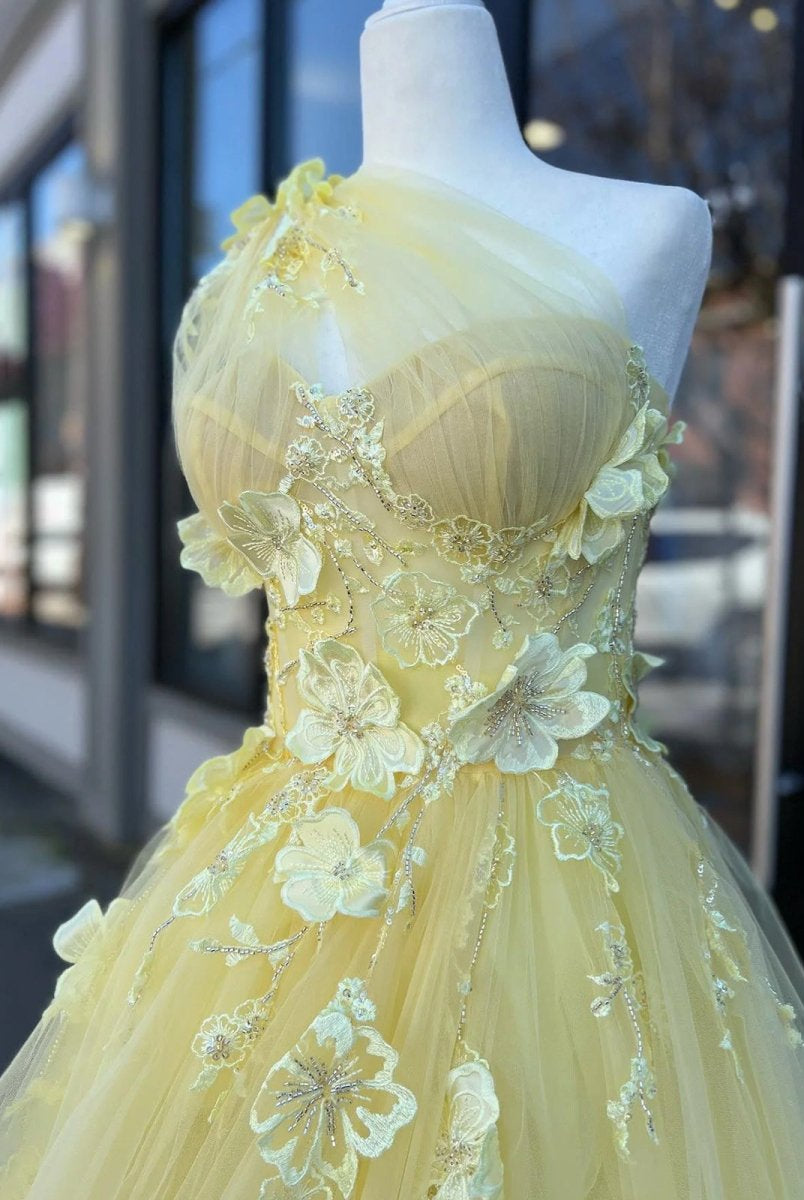 Jayna | Light Yellow One Shoulder 3D Appliques Beading Long Prom Dress with Slit
