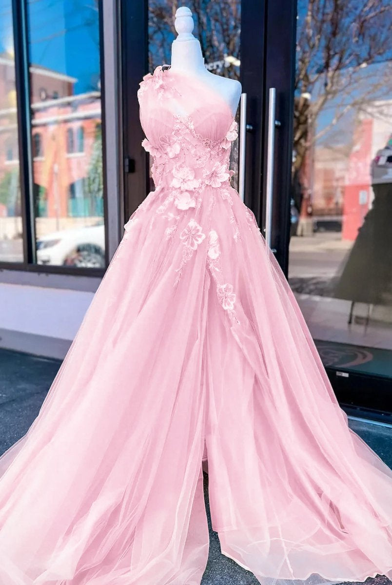 Jayna | Light Yellow One Shoulder 3D Appliques Beading Long Prom Dress with Slit