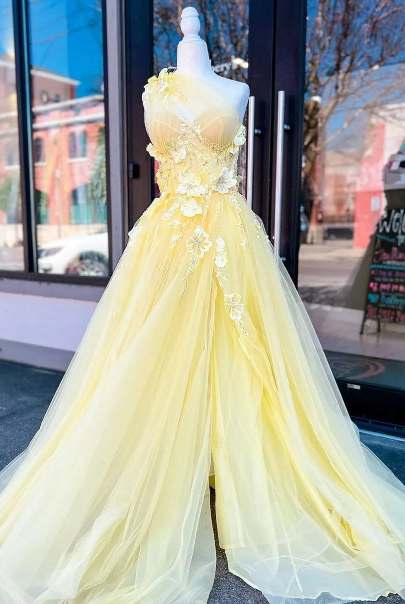Jayna | Light Yellow One Shoulder 3D Appliques Beading Long Prom Dress with Slit