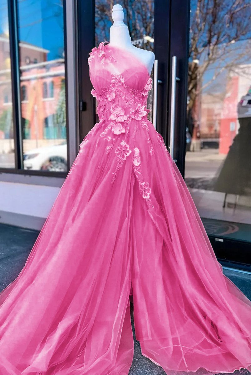 Jayna | Light Yellow One Shoulder 3D Appliques Beading Long Prom Dress with Slit