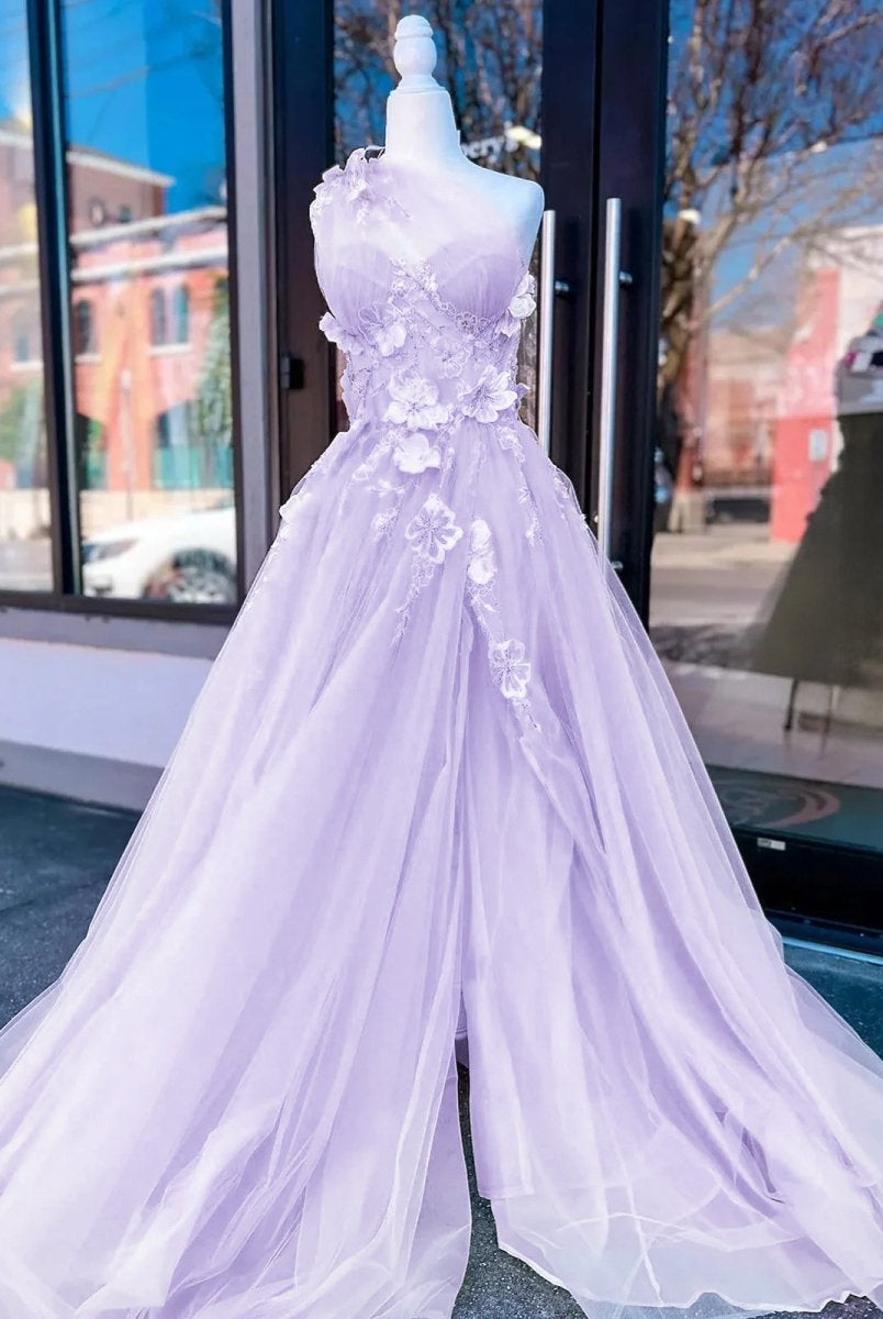 Jayna | Light Yellow One Shoulder 3D Appliques Beading Long Prom Dress with Slit