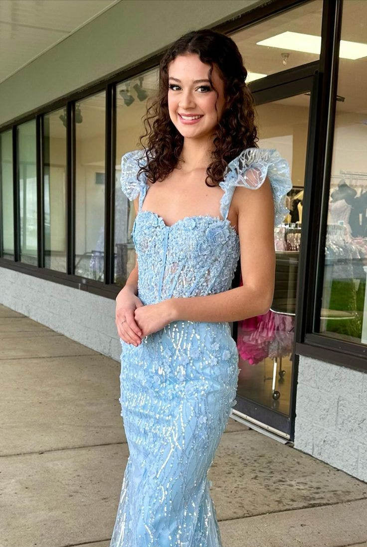 Mckinley | Yellow Ruffle Straps 3D Flower Mermaid Long Prom Dress