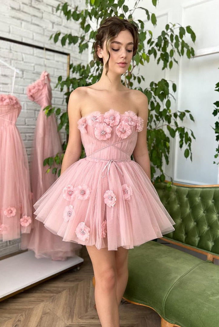 Iris |A-line Short Homecoming Dress with Handmade Flowers