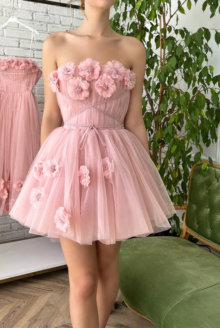 Iris |A-line Short Homecoming Dress with Handmade Flowers