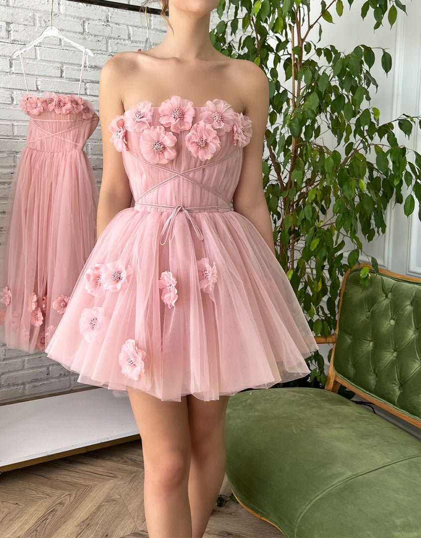 Iris |A-line Short Homecoming Dress with Handmade Flowers