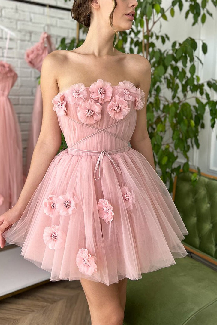 Iris |A-line Short Homecoming Dress with Handmade Flowers