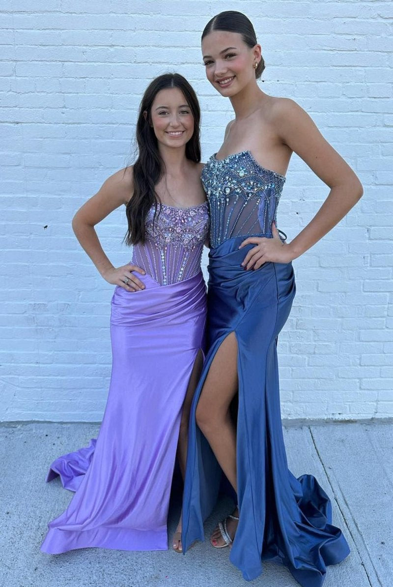 Lila | Strapless Mermaid Satin Beaded Prom Dress With Split