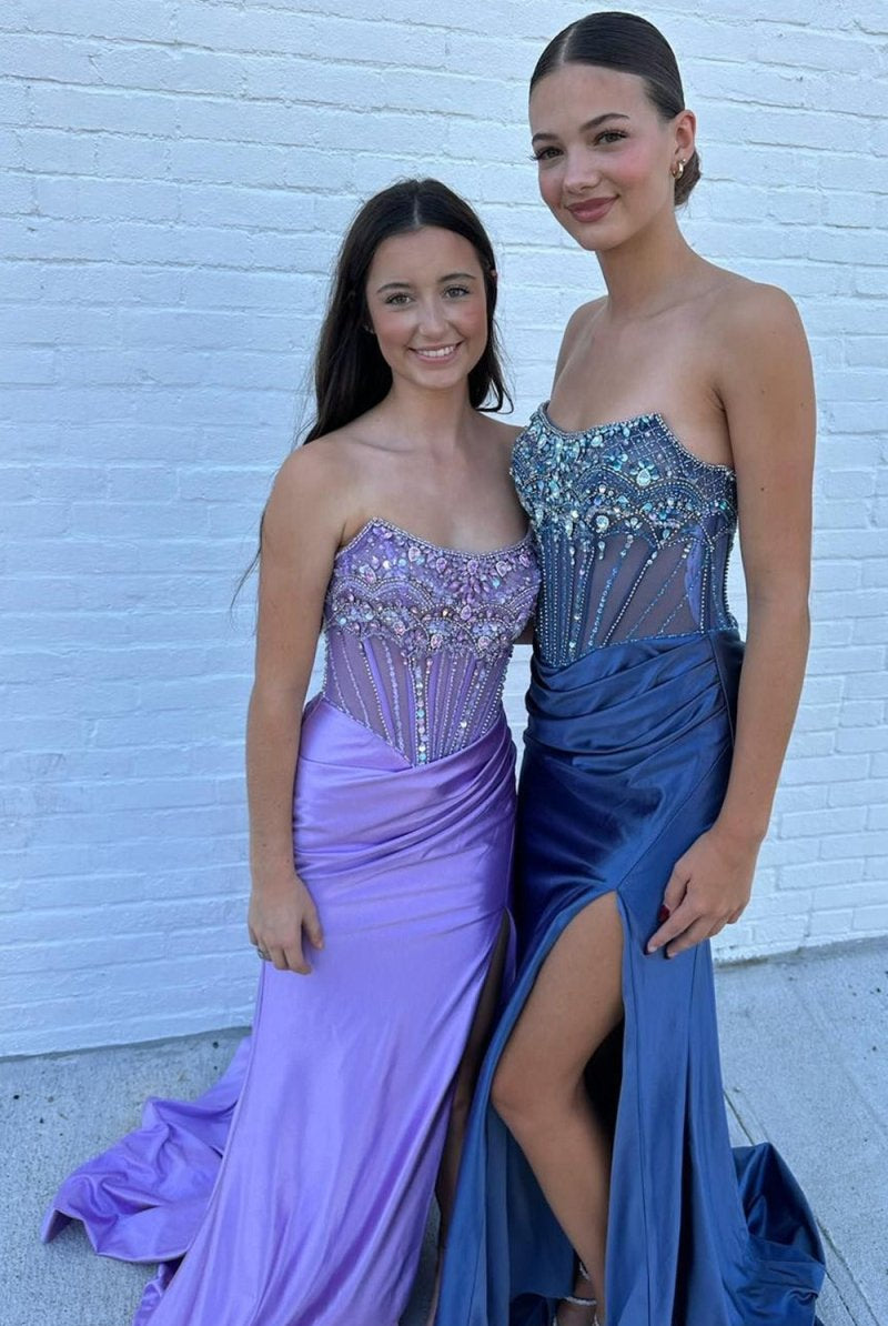 Lila | Strapless Mermaid Satin Beaded Prom Dress With Split