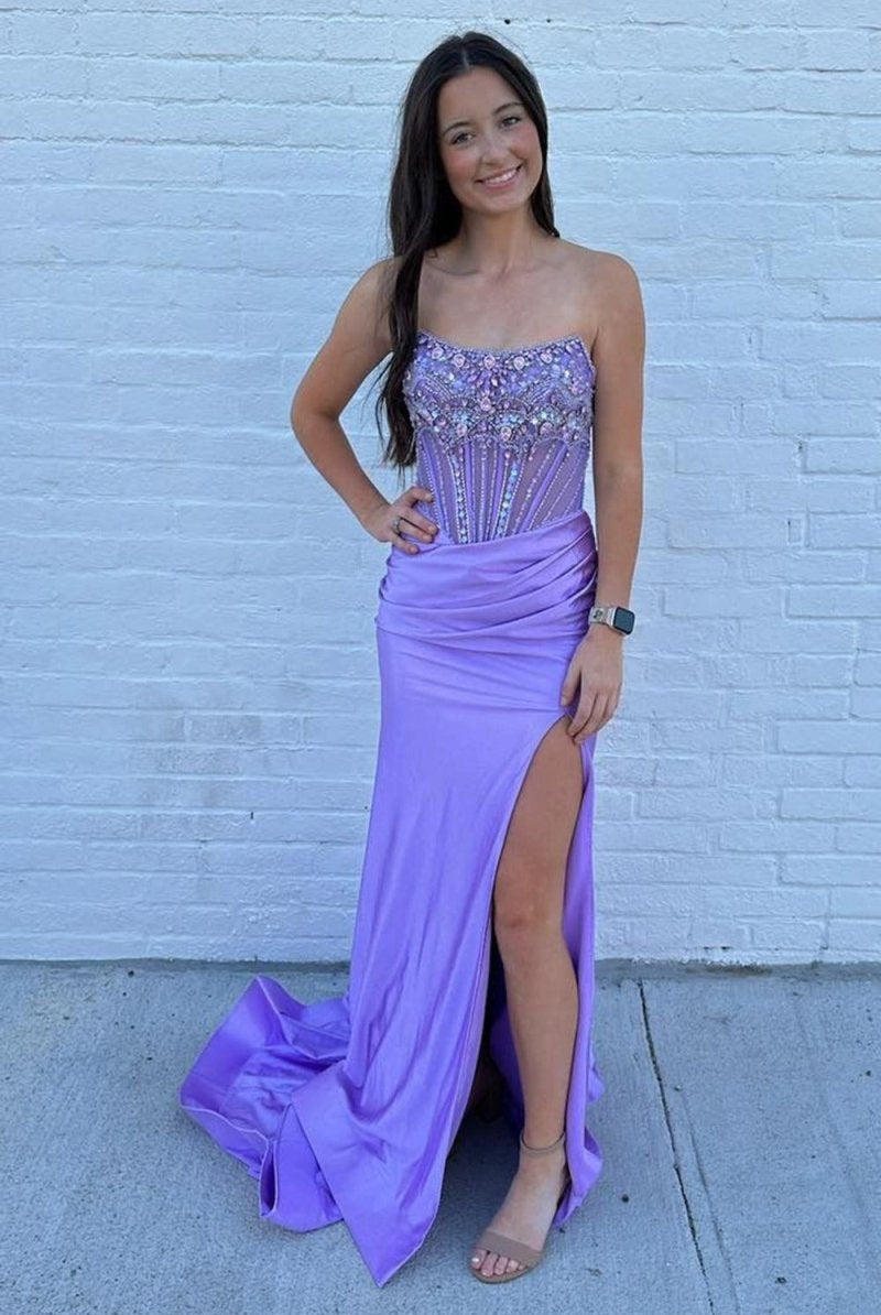 Lila | Strapless Mermaid Satin Beaded Prom Dress With Split