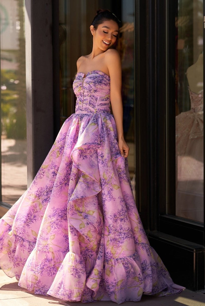 Lilac A - Line Corset Detachable Sweetheart Floral Long Prom Dress - KissProm