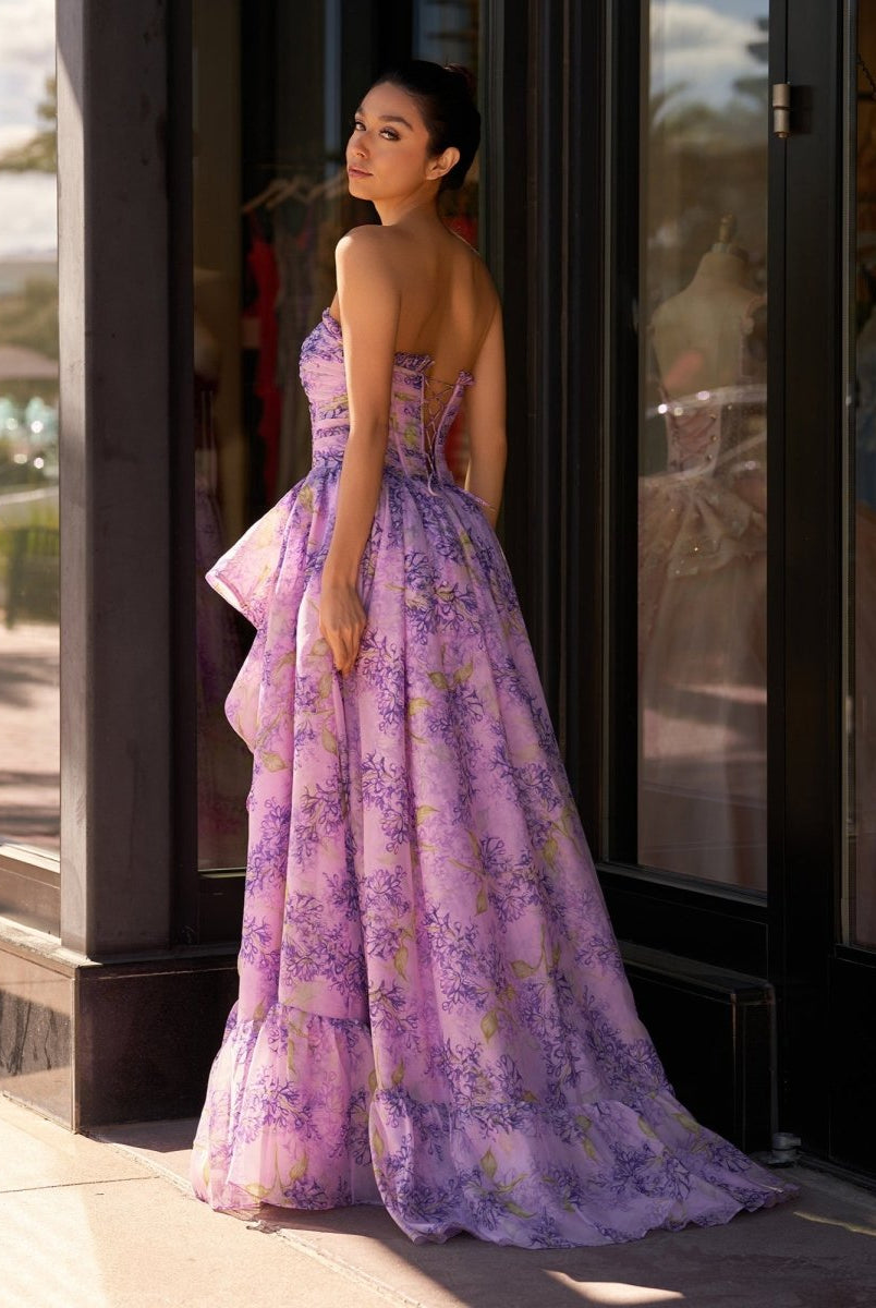Lilac A - Line Corset Detachable Sweetheart Floral Long Prom Dress - KissProm