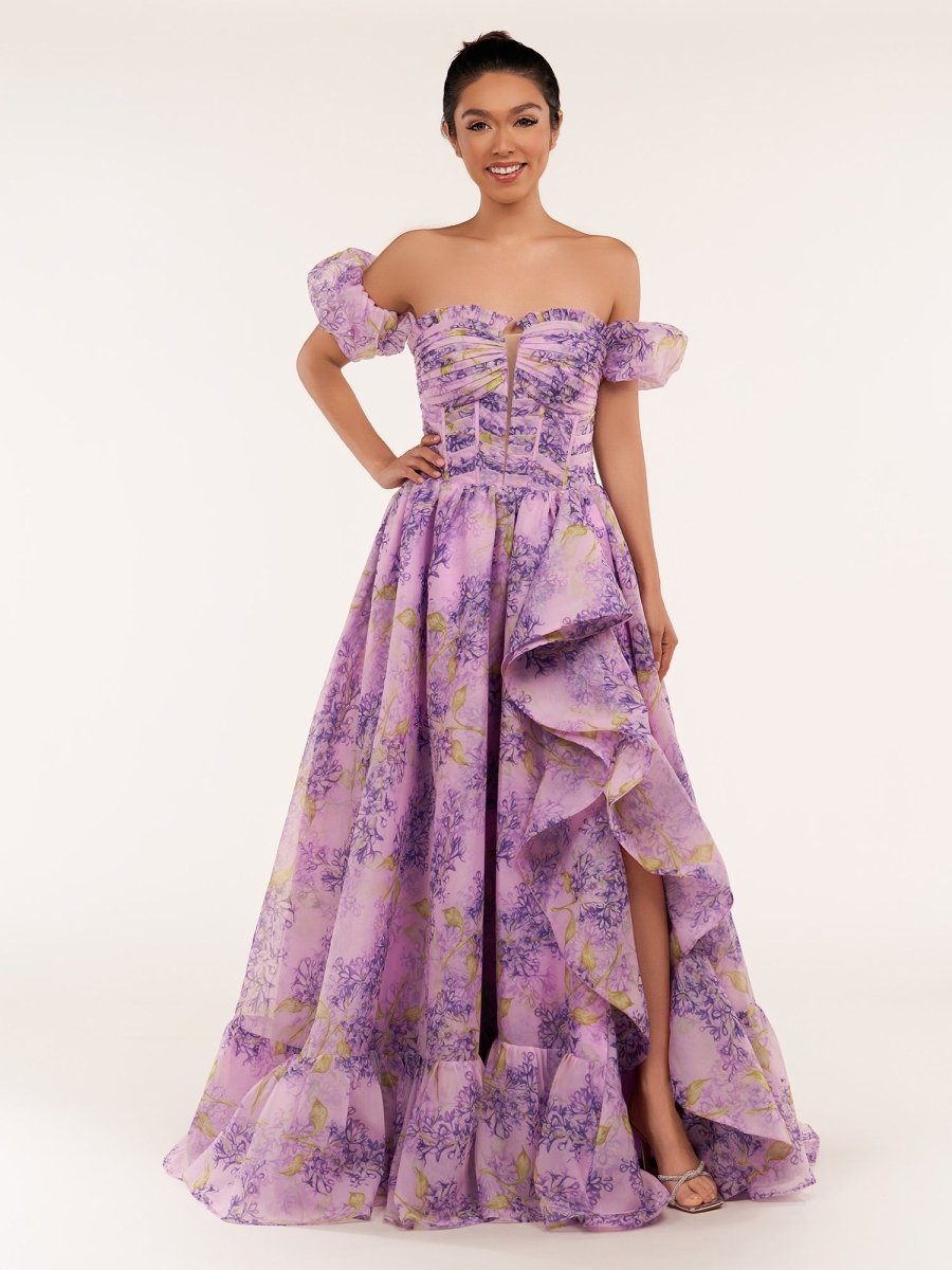 Lilac A - Line Corset Detachable Sweetheart Floral Long Prom Dress - KissProm