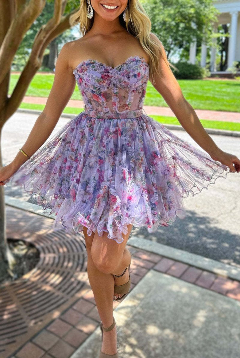 Kayla | A Line Strapless Floral Homecoming Dress