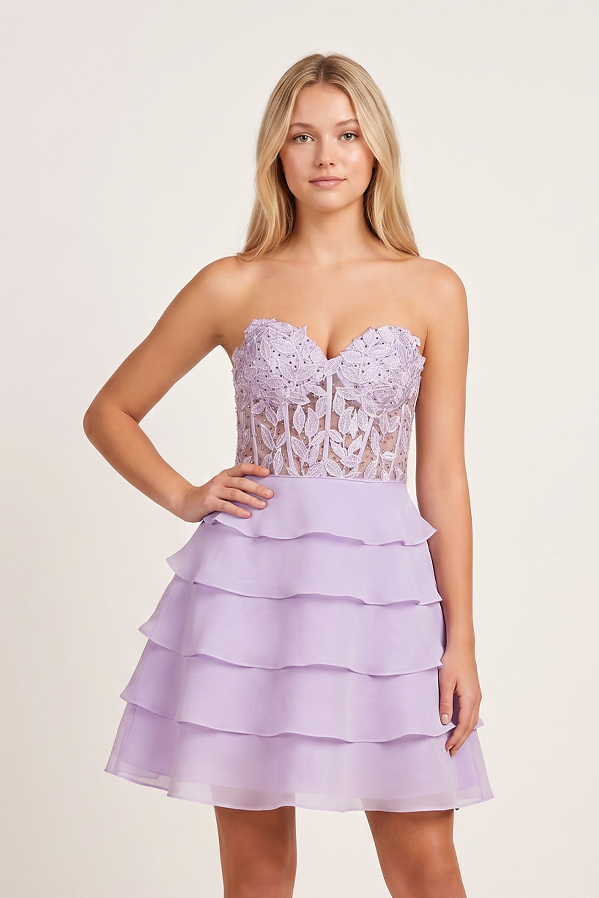 KissProm A-Line Strapless Tiered Corset Short Homecoming Dress with Appliques, Blue / 18