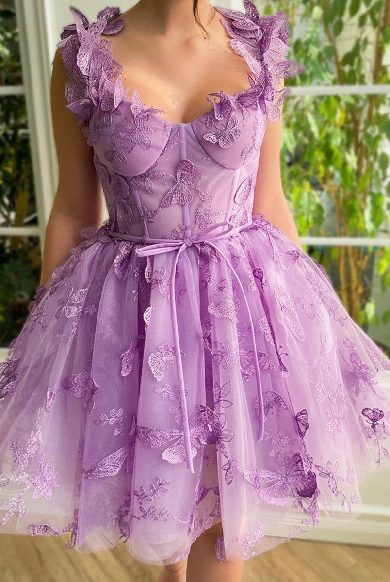 Natalie | Aline Short Tulle Prom Dress with 3D Butterflies