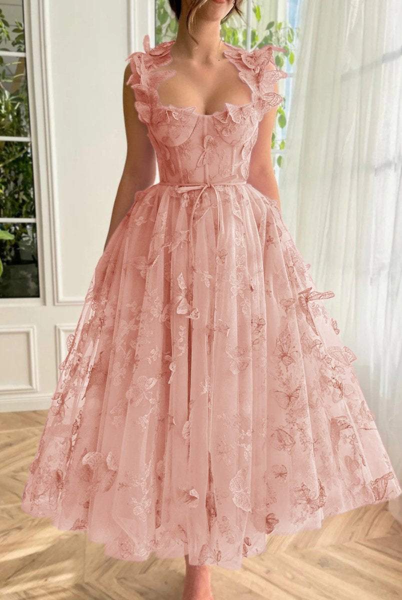 Leah | Aline Tulle Midi Prom Dress with 3D Butterflies