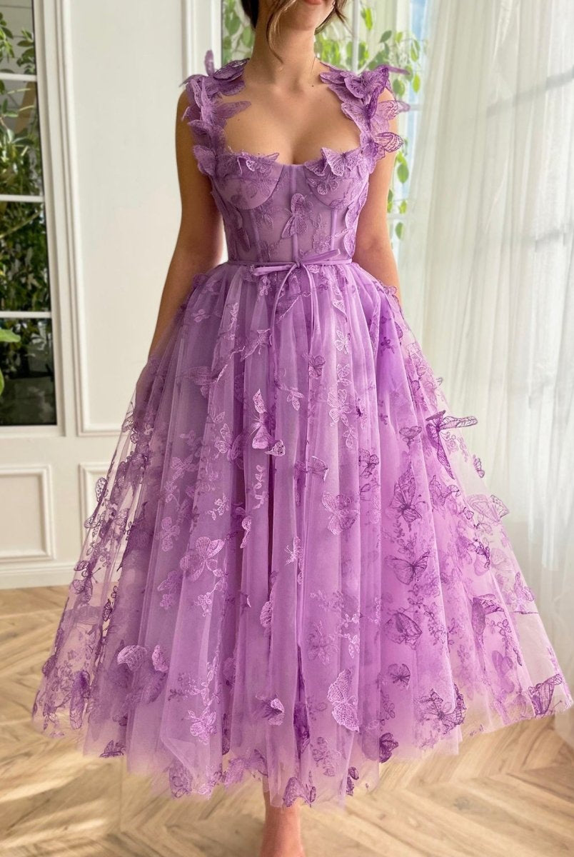 Leah | Aline Tulle Midi Prom Dress with 3D Butterflies