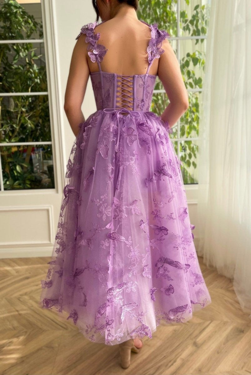 Leah | Aline Tulle Midi Prom Dress with 3D Butterflies
