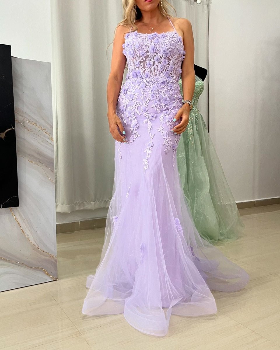 Armani Lilac Mermaid Scoop Neck Long Prom Dress with Appliques