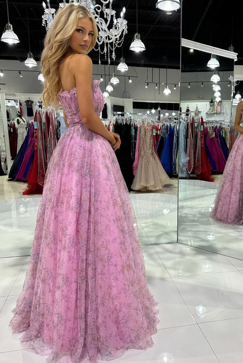 Amani |A line Strapless Printed Glitter Tulle Prom Dress - KissProm